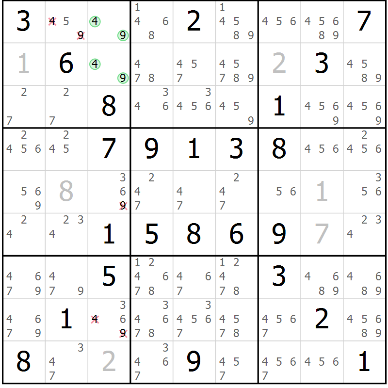 Position des candidats pour la solution de la Gr 50 page 53 du magazine de sudoku Virtuose n° 121