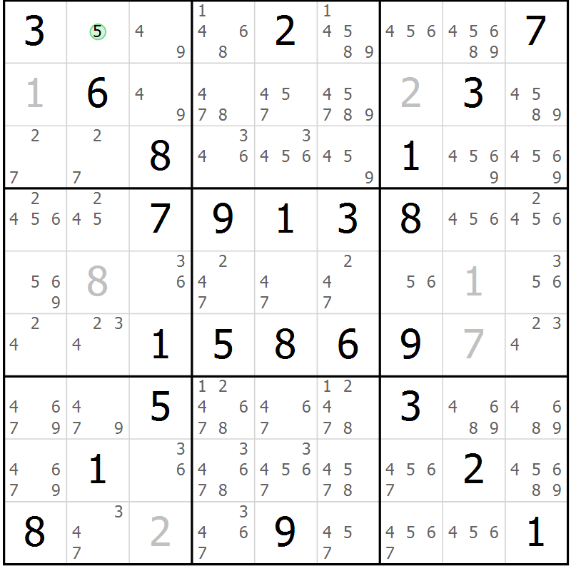 Position des candidats pour la solution de la Gr 50 page 53 du magazine de sudoku Virtuose n° 121