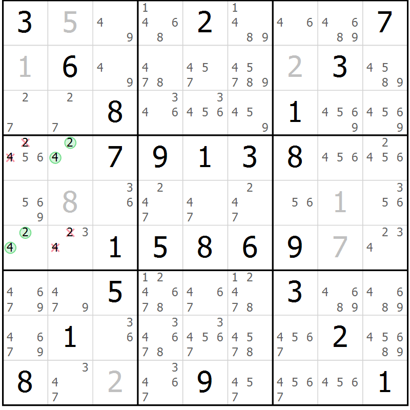 Position des candidats pour la solution de la Gr 50 page 53 du magazine de sudoku Virtuose n° 121