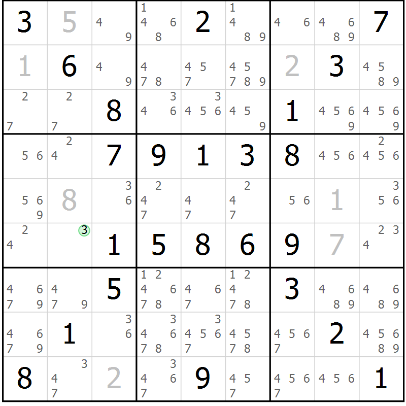 Position des candidats pour la solution de la Gr 50 page 53 du magazine de sudoku Virtuose n° 121