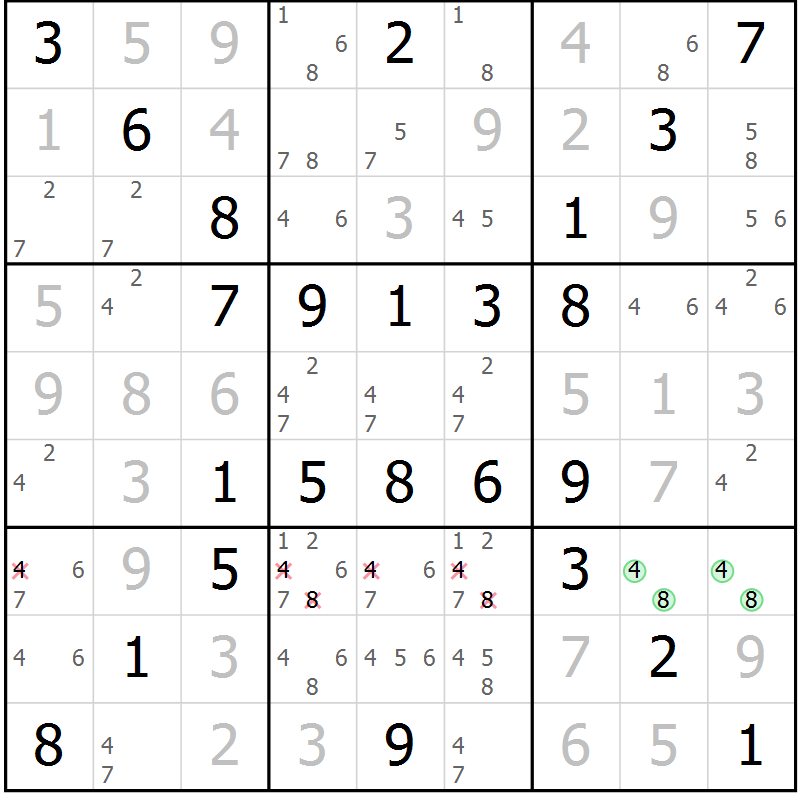 Position des candidats pour la solution de la Gr 50 page 53 du magazine de sudoku Virtuose n° 121