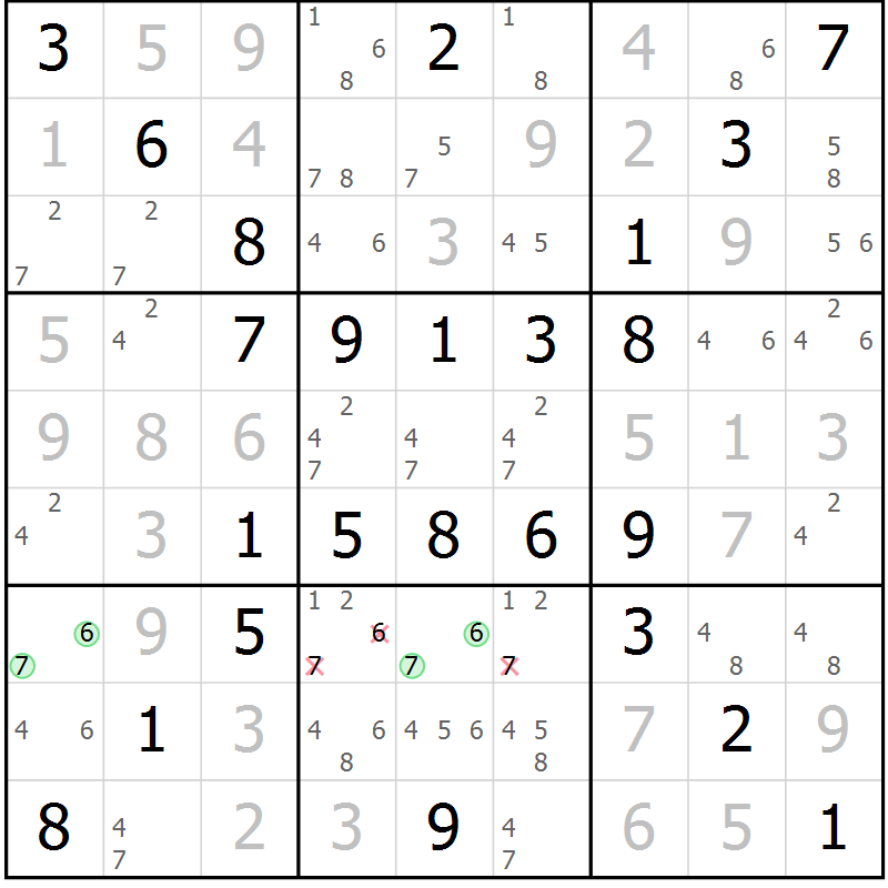 Position des candidats pour la solution de la Gr 50 page 53 du magazine de sudoku Virtuose n° 121