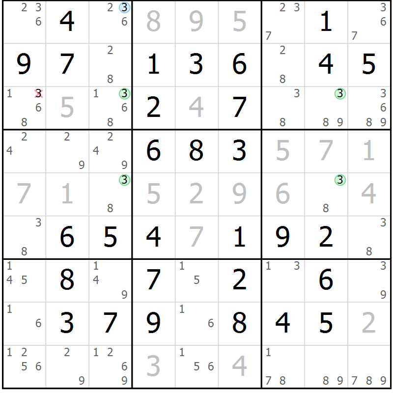 Position des candidats pour la solution de la Gr 52 page 55 du magazine de sudoku Virtuose n° 121