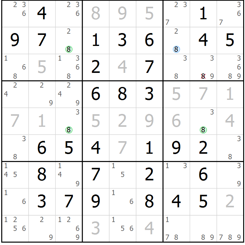 Position des candidats pour la solution de la Gr 52 page 55 du magazine de sudoku Virtuose n° 121