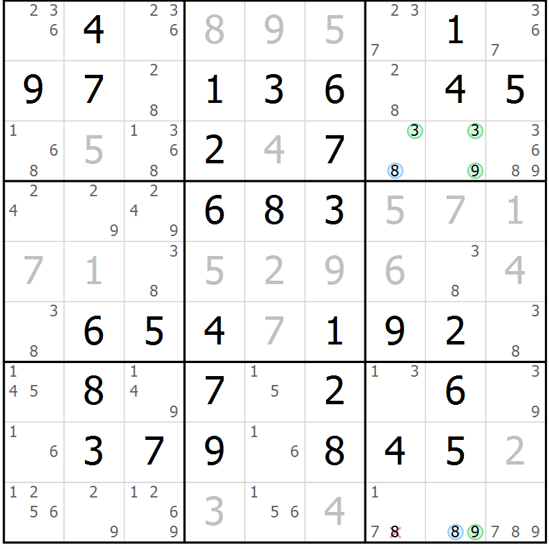 Position des candidats pour la solution de la Gr 52 page 55 du magazine de sudoku Virtuose n° 121