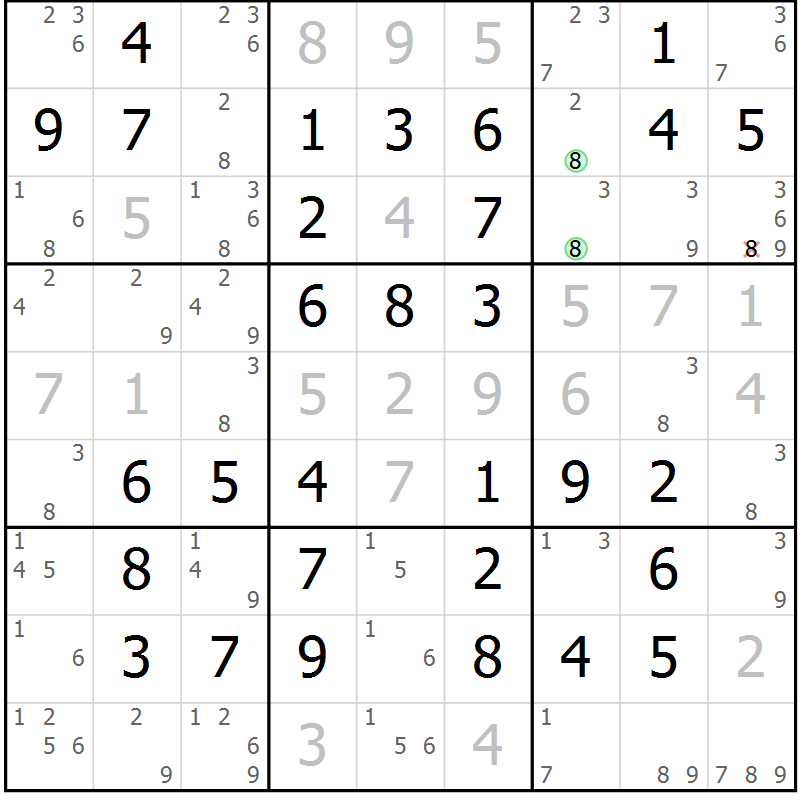 Position des candidats pour la solution de la Gr 52 page 55 du magazine de sudoku Virtuose n° 121