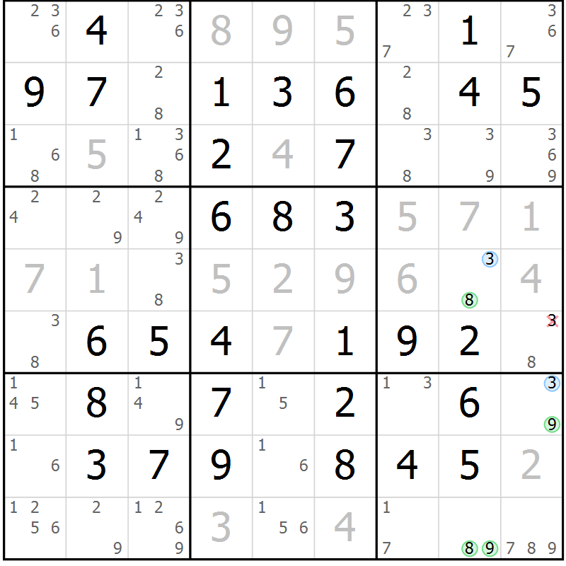Position des candidats pour la solution de la Gr 52 page 55 du magazine de sudoku Virtuose n° 121
