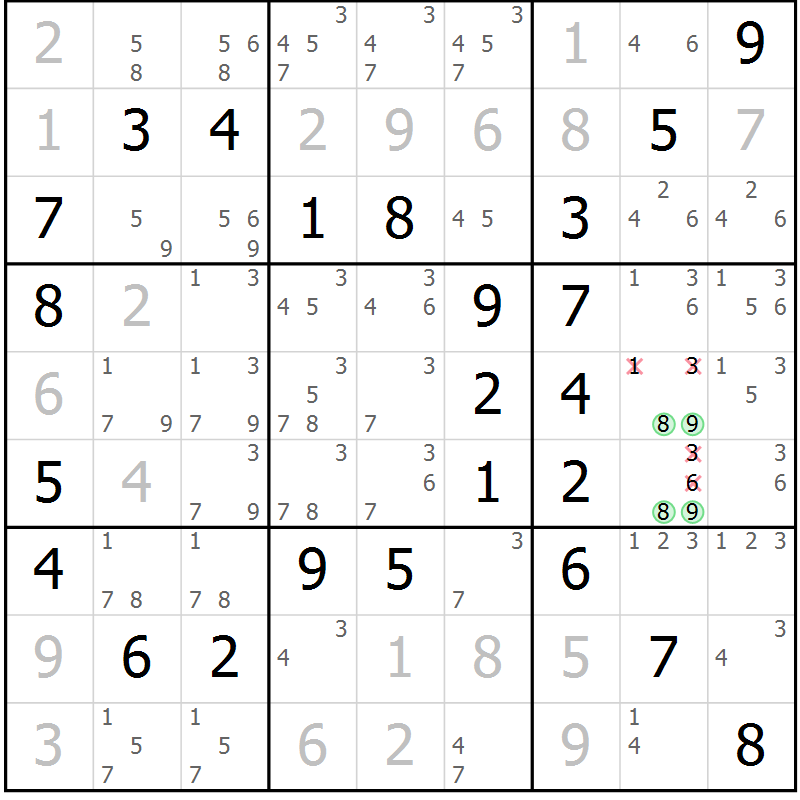 Position des candidats pour la solution de la Gr 53 page 56 du magazine de sudoku Virtuose n° 121