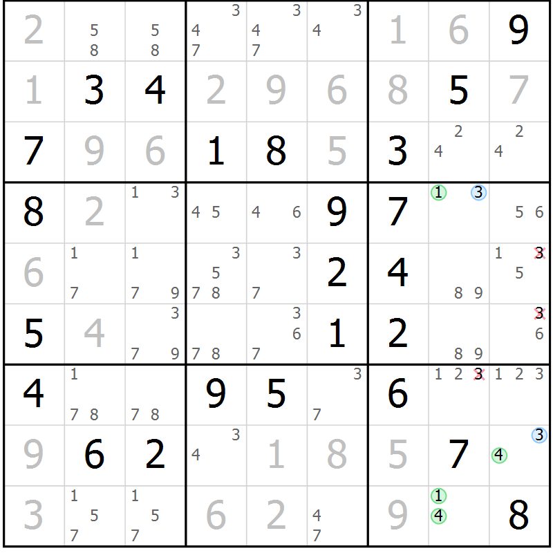 Position des candidats pour la solution de la Gr 53 page 56 du magazine de sudoku Virtuose n° 121