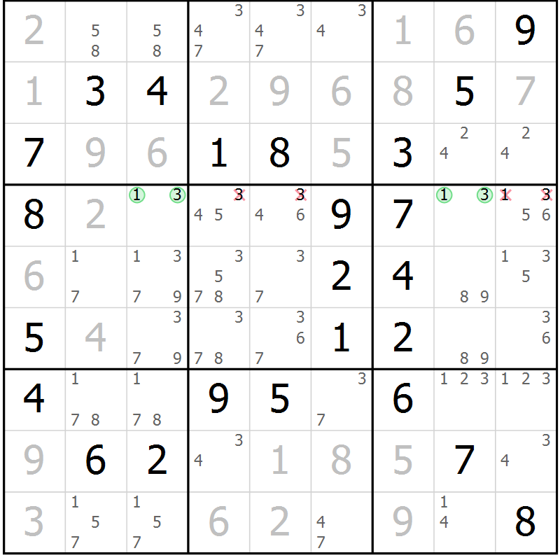 Position des candidats pour la solution de la Gr 53 page 56 du magazine de sudoku Virtuose n° 121