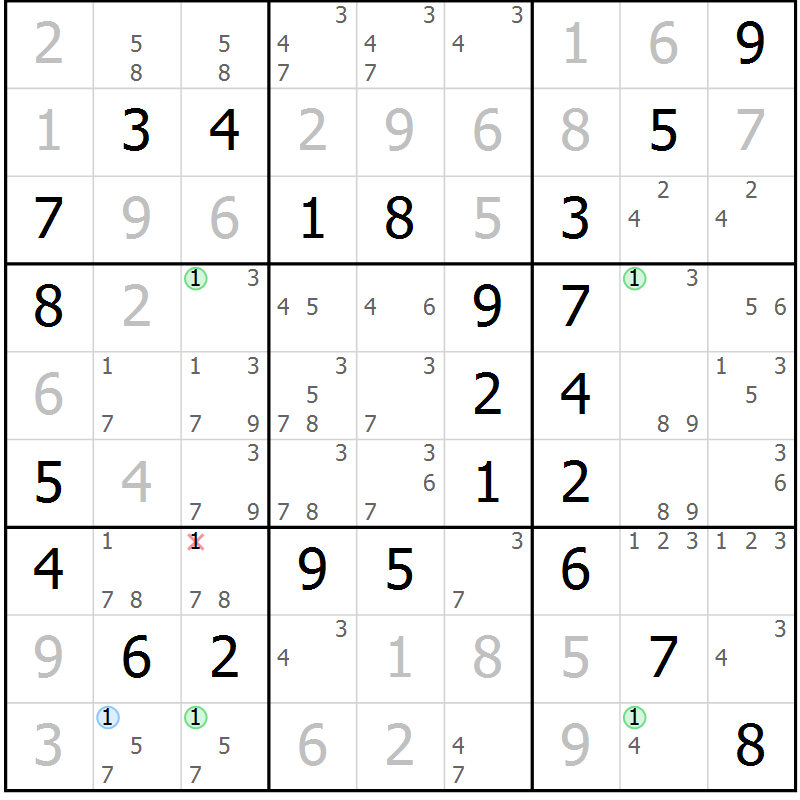 Position des candidats pour la solution de la Gr 53 page 56 du magazine de sudoku Virtuose n° 121