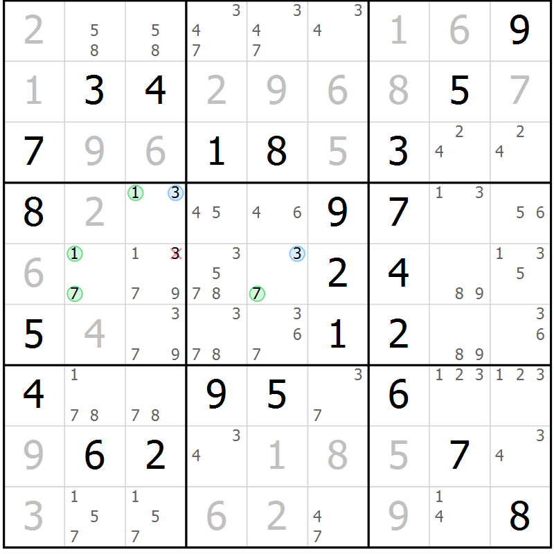 Position des candidats pour la solution de la Gr 53 page 56 du magazine de sudoku Virtuose n° 121