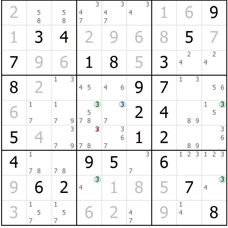 Position des candidats pour la solution de la Gr 53 page 56 du magazine de sudoku Virtuose n° 121