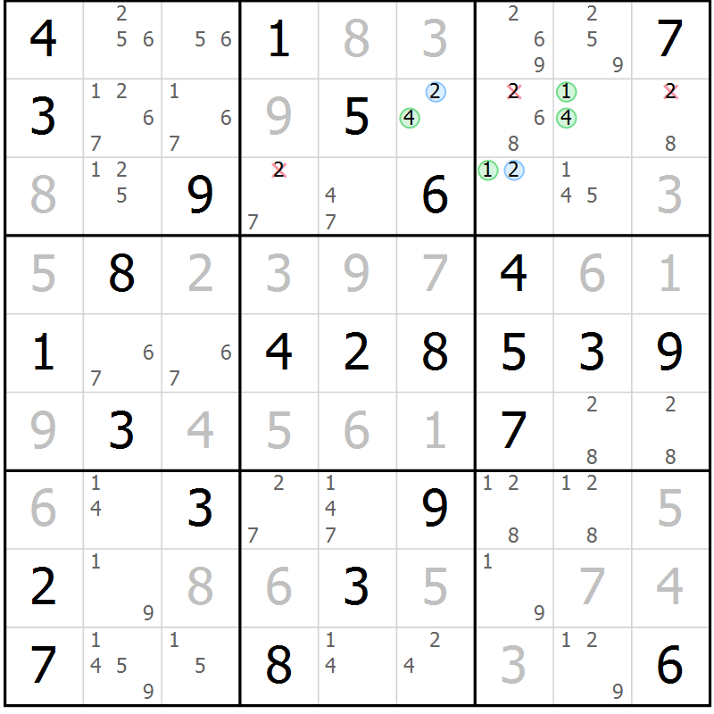 Position des candidats pour la solution de la Gr 54 page 57 du magazine de sudoku Virtuose n° 121