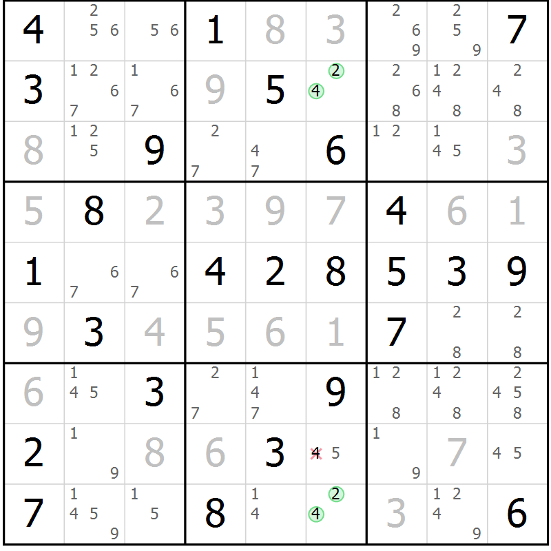 Position des candidats pour la solution de la Gr 54 page 57 du magazine de sudoku Virtuose n° 121