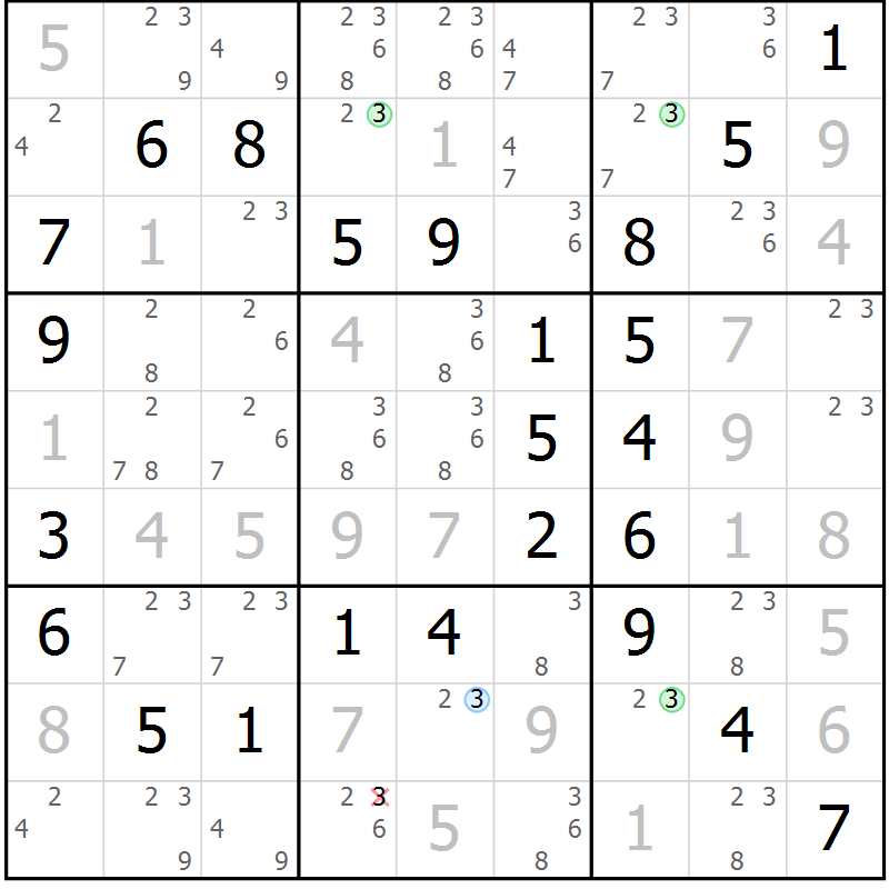 Position des candidats pour la solution de la Gr 55 page 58 du magazine de sudoku Virtuose n° 121