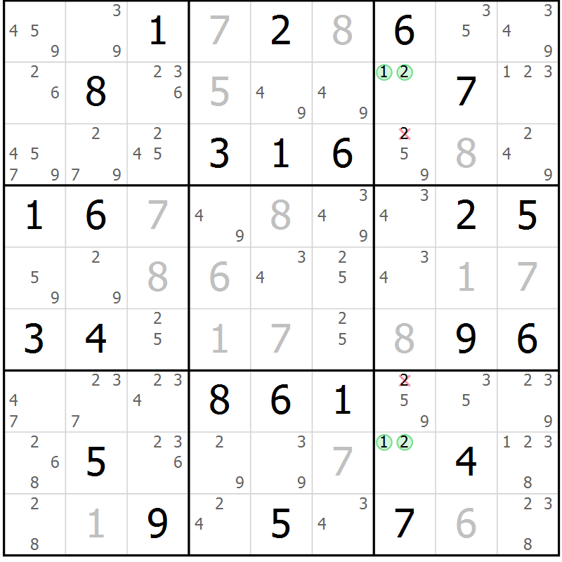 Position des candidats pour la solution de la Gr 56 page 59 du magazine de sudoku Virtuose n° 121