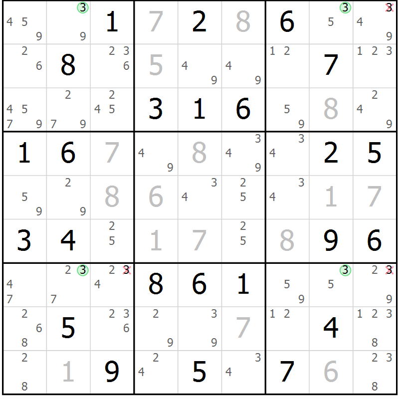 Position des candidats pour la solution de la Gr 56 page 59 du magazine de sudoku Virtuose n° 121