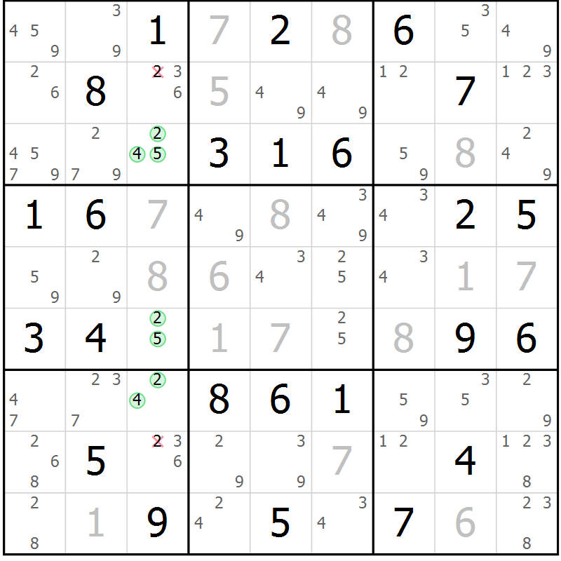 Position des candidats pour la solution de la Gr 56 page 59 du magazine de sudoku Virtuose n° 121