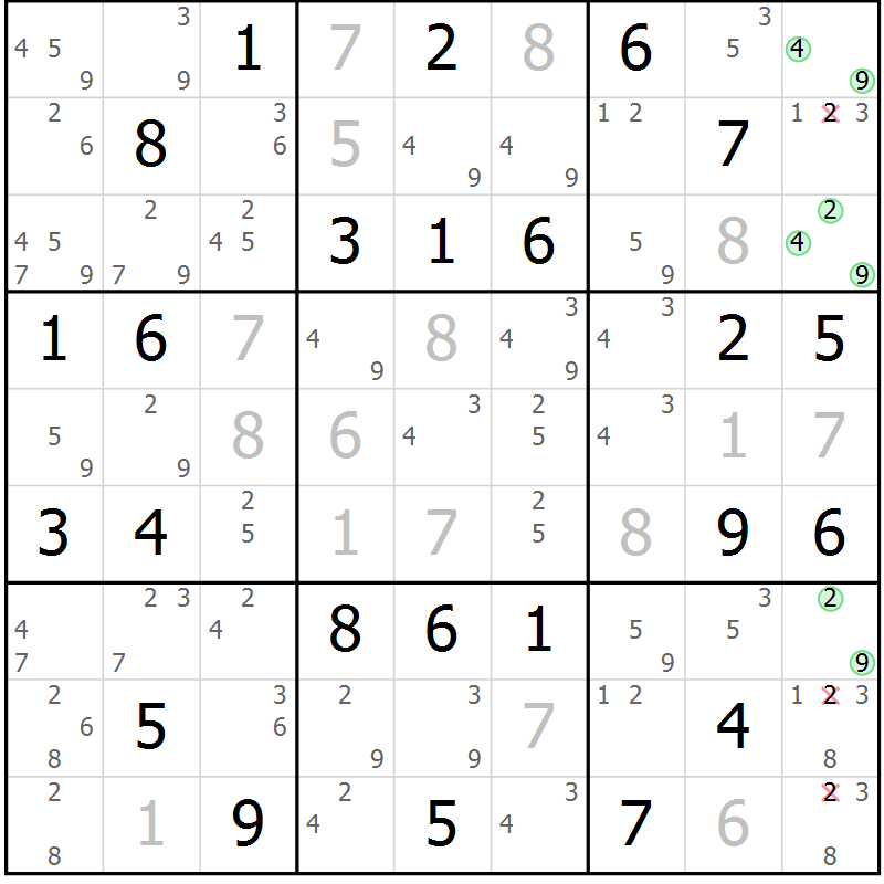 Position des candidats pour la solution de la Gr 56 page 59 du magazine de sudoku Virtuose n° 121