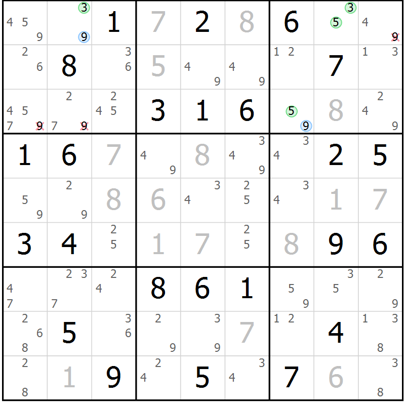 Position des candidats pour la solution de la Gr 56 page 59 du magazine de sudoku Virtuose n° 121