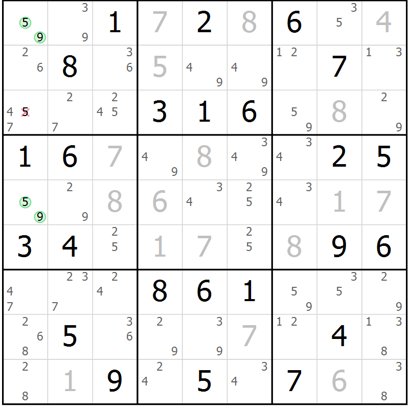Position des candidats pour la solution de la Gr 56 page 59 du magazine de sudoku Virtuose n° 121