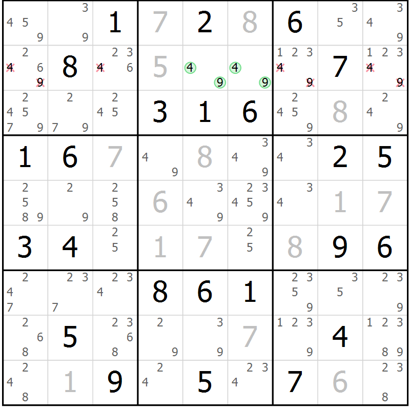 Position des candidats pour la solution de la Gr 56 page 59 du magazine de sudoku Virtuose n° 121