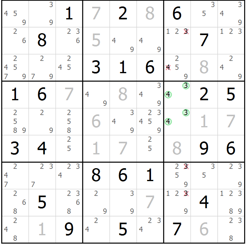 Position des candidats pour la solution de la Gr 56 page 59 du magazine de sudoku Virtuose n° 121