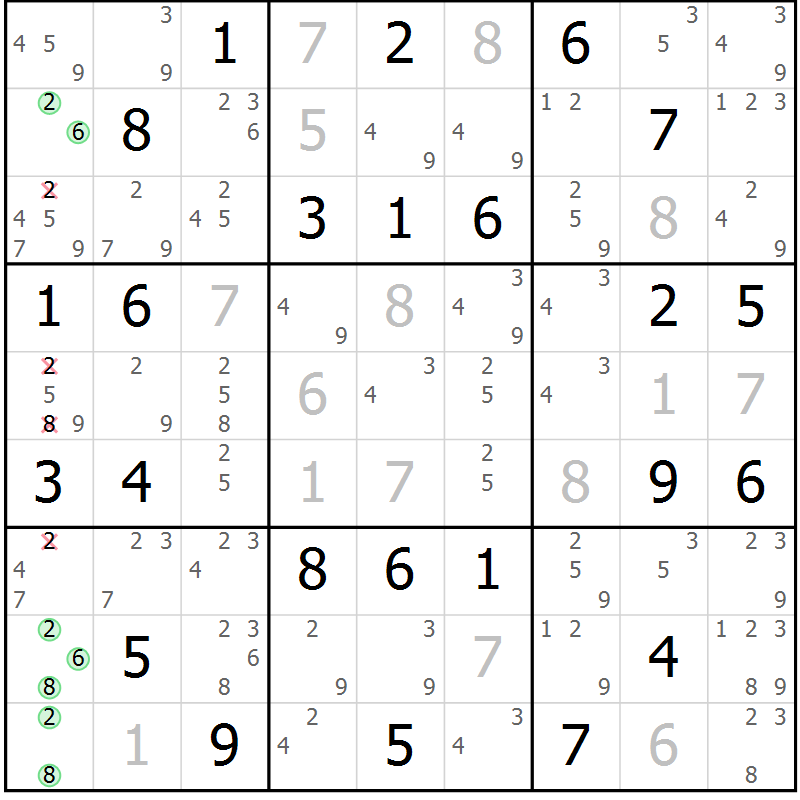 Position des candidats pour la solution de la Gr 56 page 59 du magazine de sudoku Virtuose n° 121