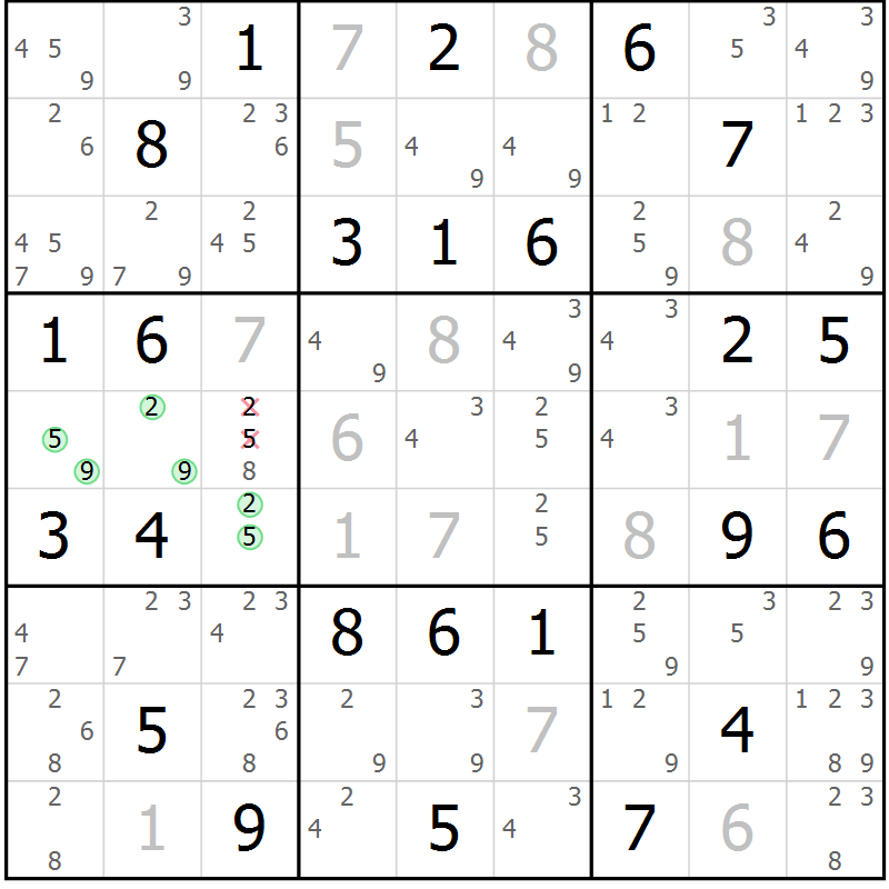 Position des candidats pour la solution de la Gr 56 page 59 du magazine de sudoku Virtuose n° 121