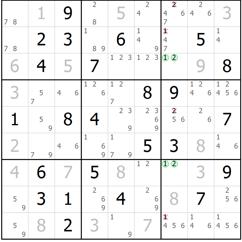 Position des candidats pour la solution de la Gr 58 page 61 du magazine de sudoku Virtuose n° 121