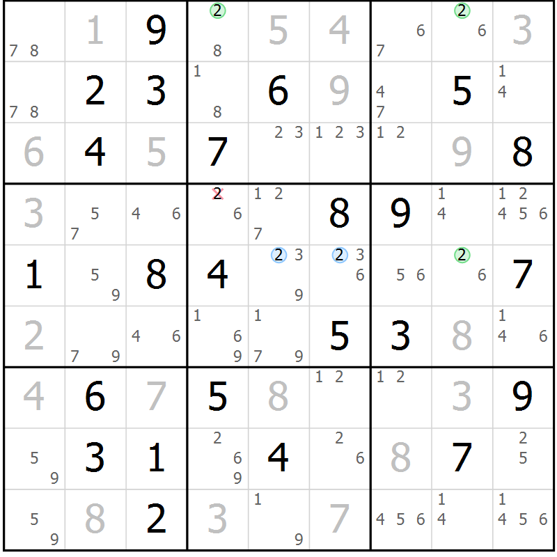 Position des candidats pour la solution de la Gr 58 page 61 du magazine de sudoku Virtuose n° 121