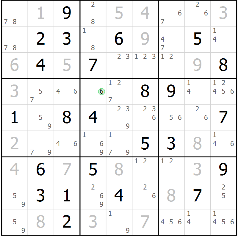 Position des candidats pour la solution de la Gr 58 page 61 du magazine de sudoku Virtuose n° 121