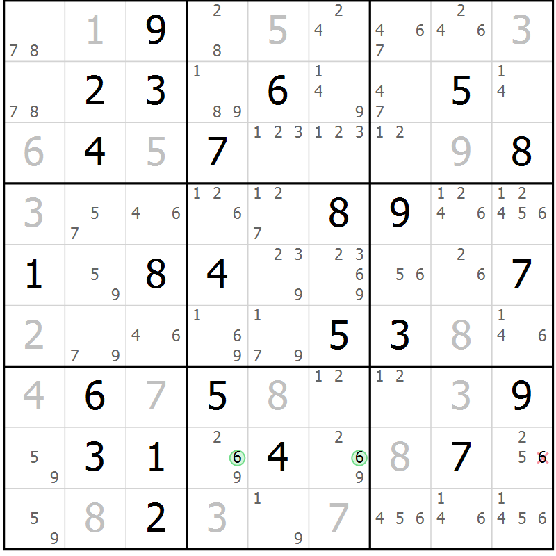 Position des candidats pour la solution de la Gr 58 page 61 du magazine de sudoku Virtuose n° 121