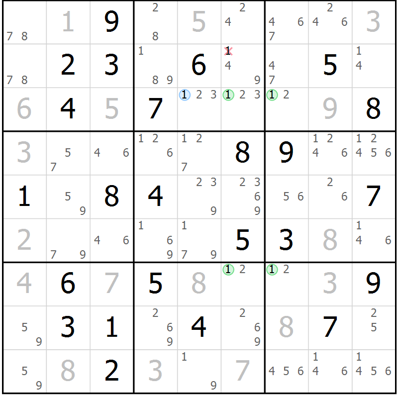 Position des candidats pour la solution de la Gr 58 page 61 du magazine de sudoku Virtuose n° 121