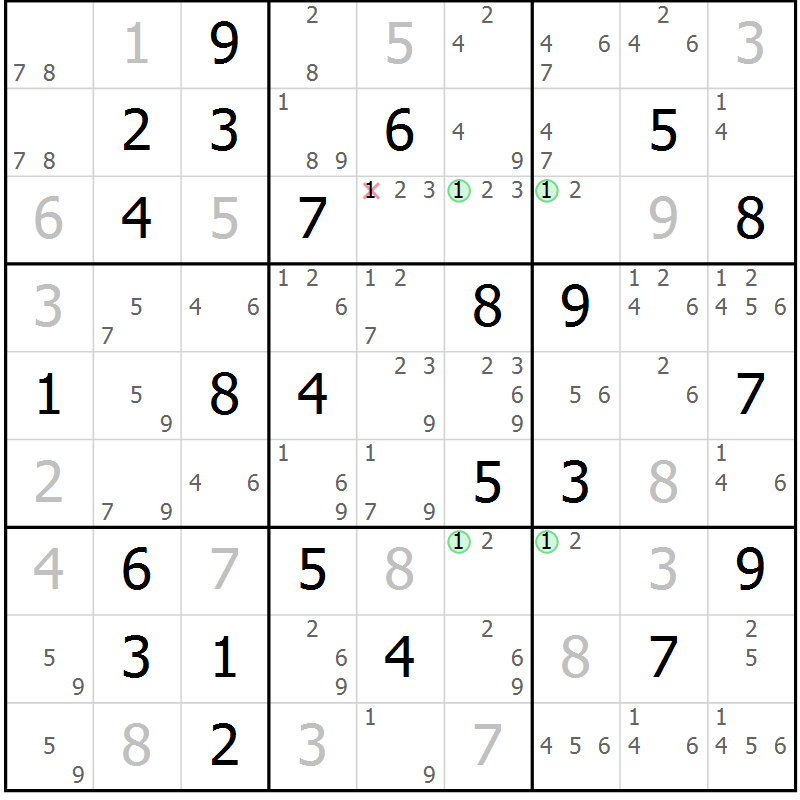Position des candidats pour la solution de la Gr 58 page 61 du magazine de sudoku Virtuose n° 121