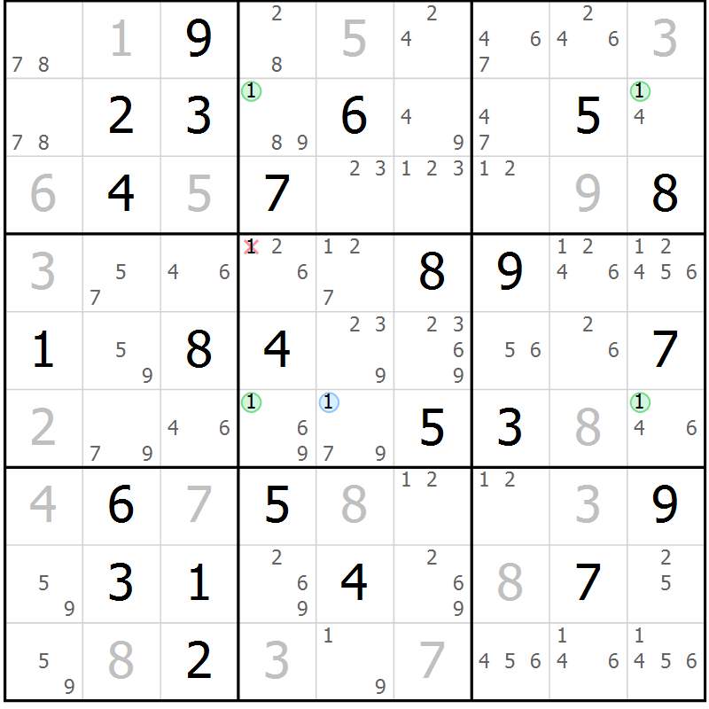 Position des candidats pour la solution de la Gr 58 page 61 du magazine de sudoku Virtuose n° 121