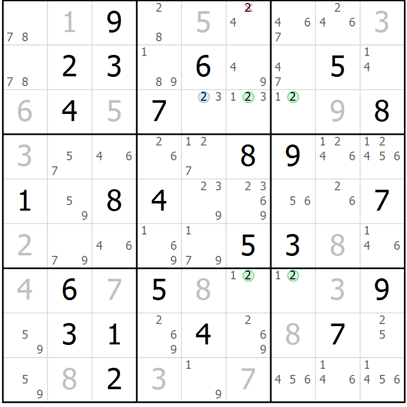 Position des candidats pour la solution de la Gr 58 page 61 du magazine de sudoku Virtuose n° 121