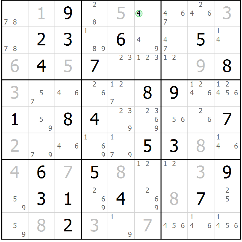 Position des candidats pour la solution de la Gr 58 page 61 du magazine de sudoku Virtuose n° 121
