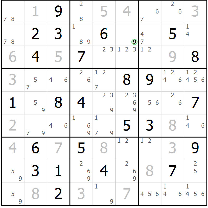 Position des candidats pour la solution de la Gr 58 page 61 du magazine de sudoku Virtuose n° 121