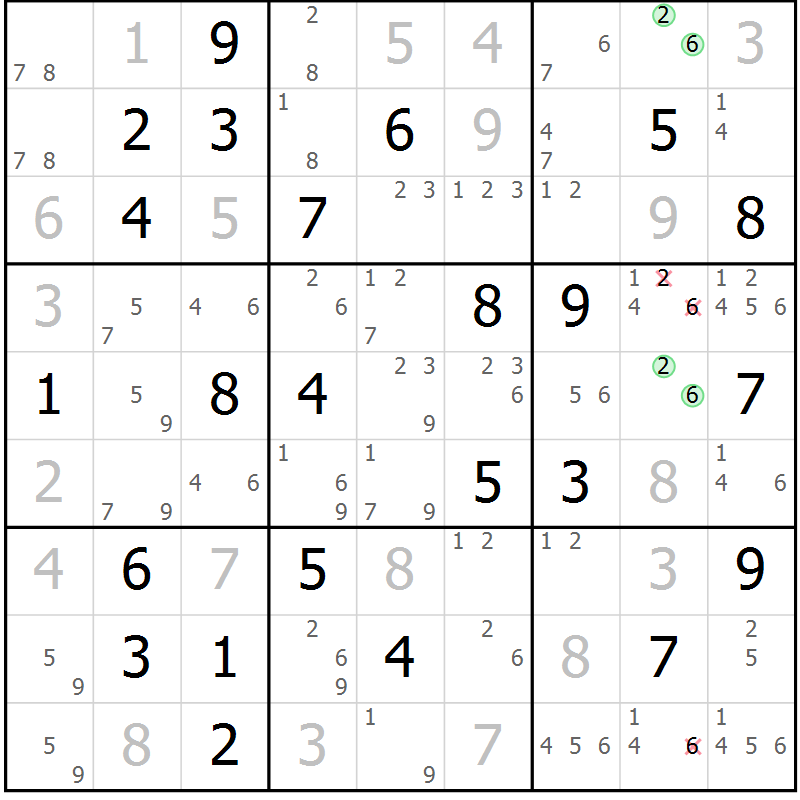 Position des candidats pour la solution de la Gr 58 page 61 du magazine de sudoku Virtuose n° 121