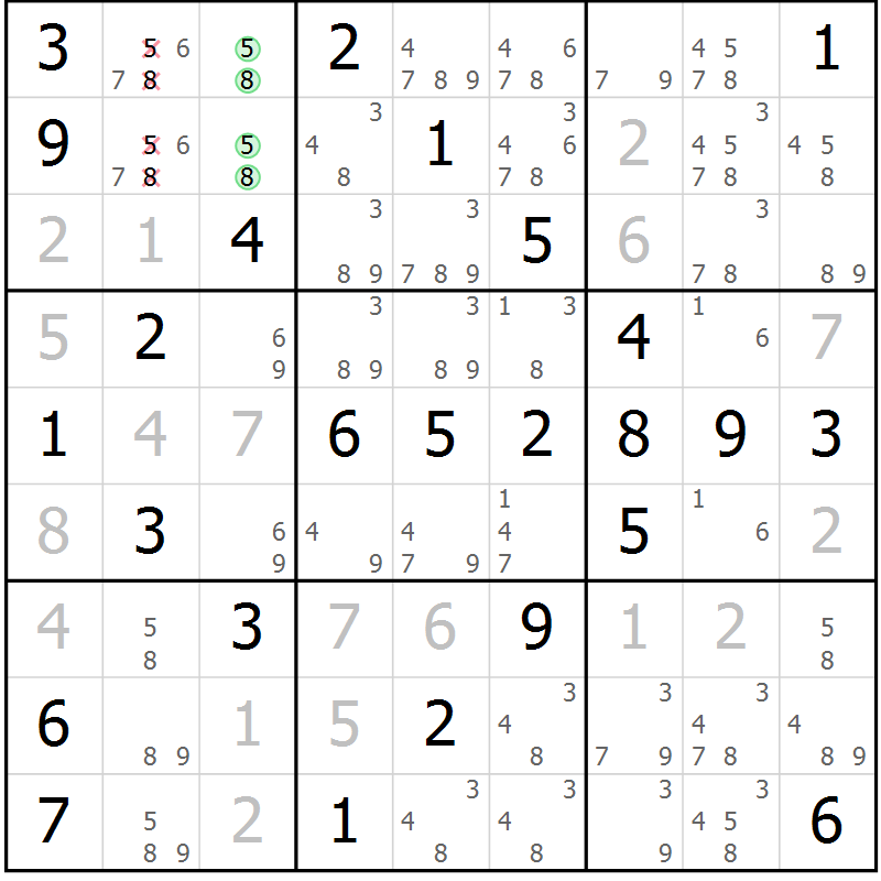 Position des candidats pour la solution de la Gr 59 page 62 du magazine de sudoku Virtuose n° 121