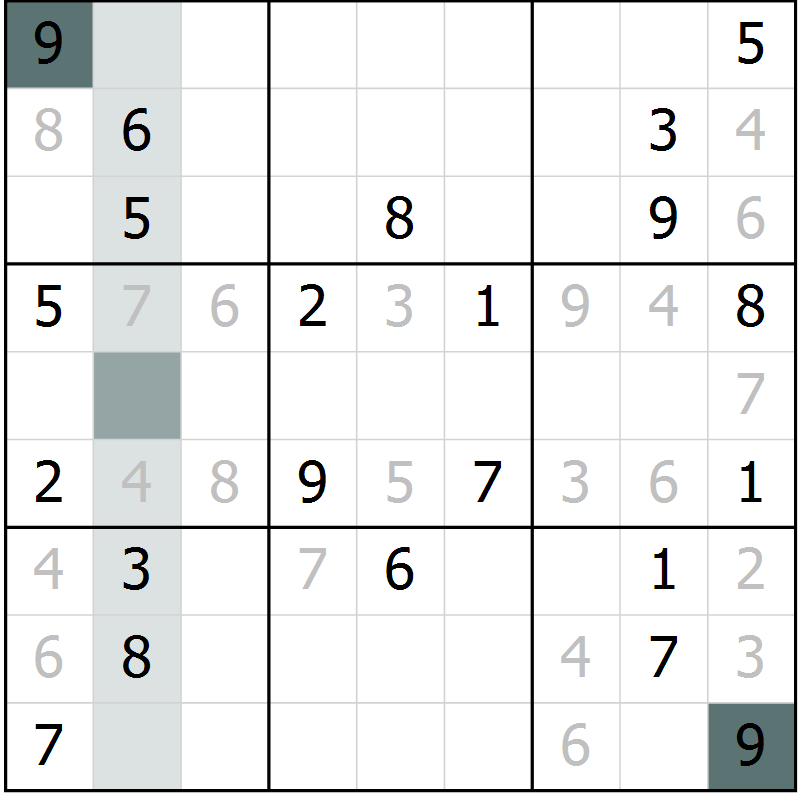 Position des candidats pour la solution de la Gr 6 page 9 du magazine de sudoku Virtuose n° 121