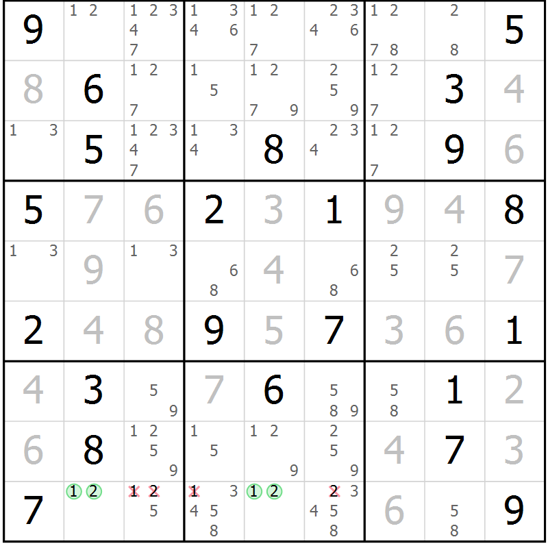 Position des candidats pour la solution de la Gr 6 page 9 du magazine de sudoku Virtuose n° 121