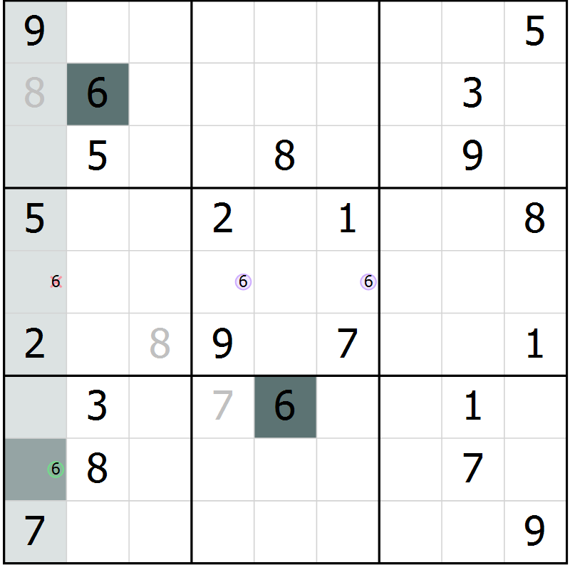 Position des candidats pour la solution de la Gr 6 page 9 du magazine de sudoku Virtuose n° 121