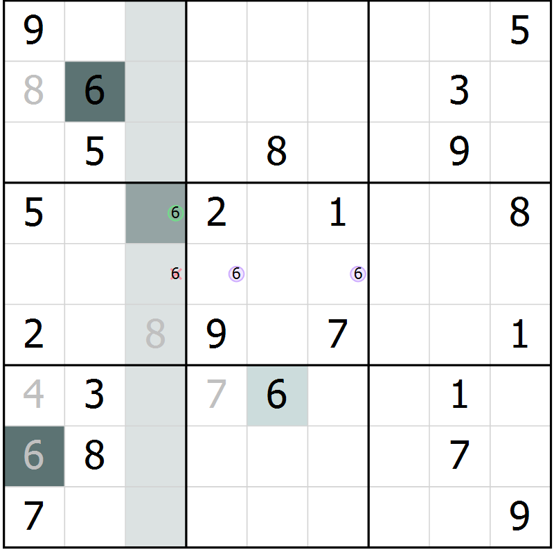 Position des candidats pour la solution de la Gr 6 page 9 du magazine de sudoku Virtuose n° 121
