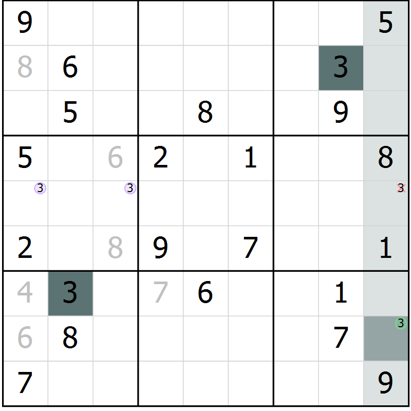 Position des candidats pour la solution de la Gr 6 page 9 du magazine de sudoku Virtuose n° 121