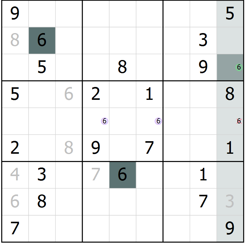Position des candidats pour la solution de la Gr 6 page 9 du magazine de sudoku Virtuose n° 121