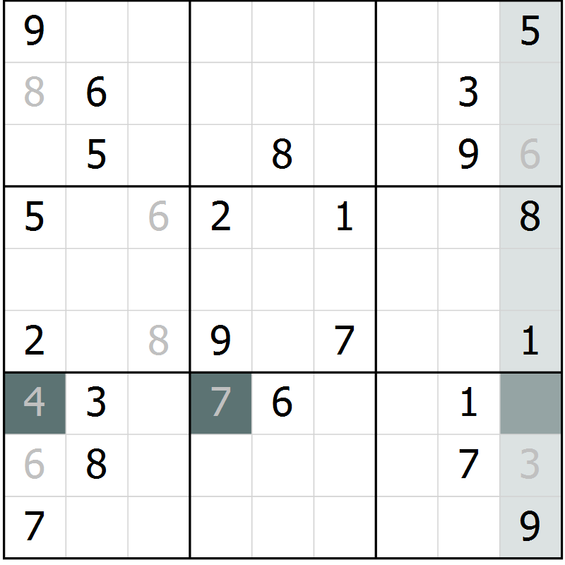 Position des candidats pour la solution de la Gr 6 page 9 du magazine de sudoku Virtuose n° 121