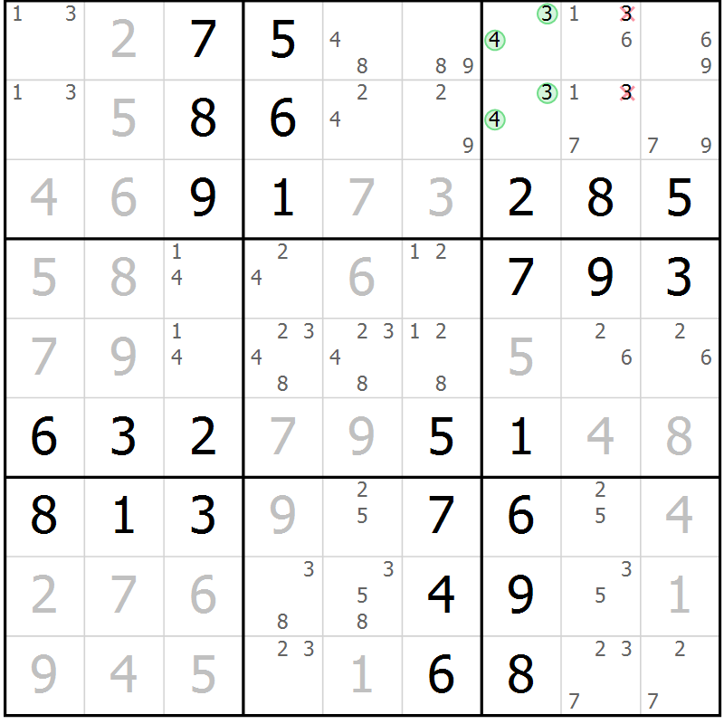 Position des candidats pour la solution de la Gr 60 page 63 du magazine de sudoku Virtuose n° 121